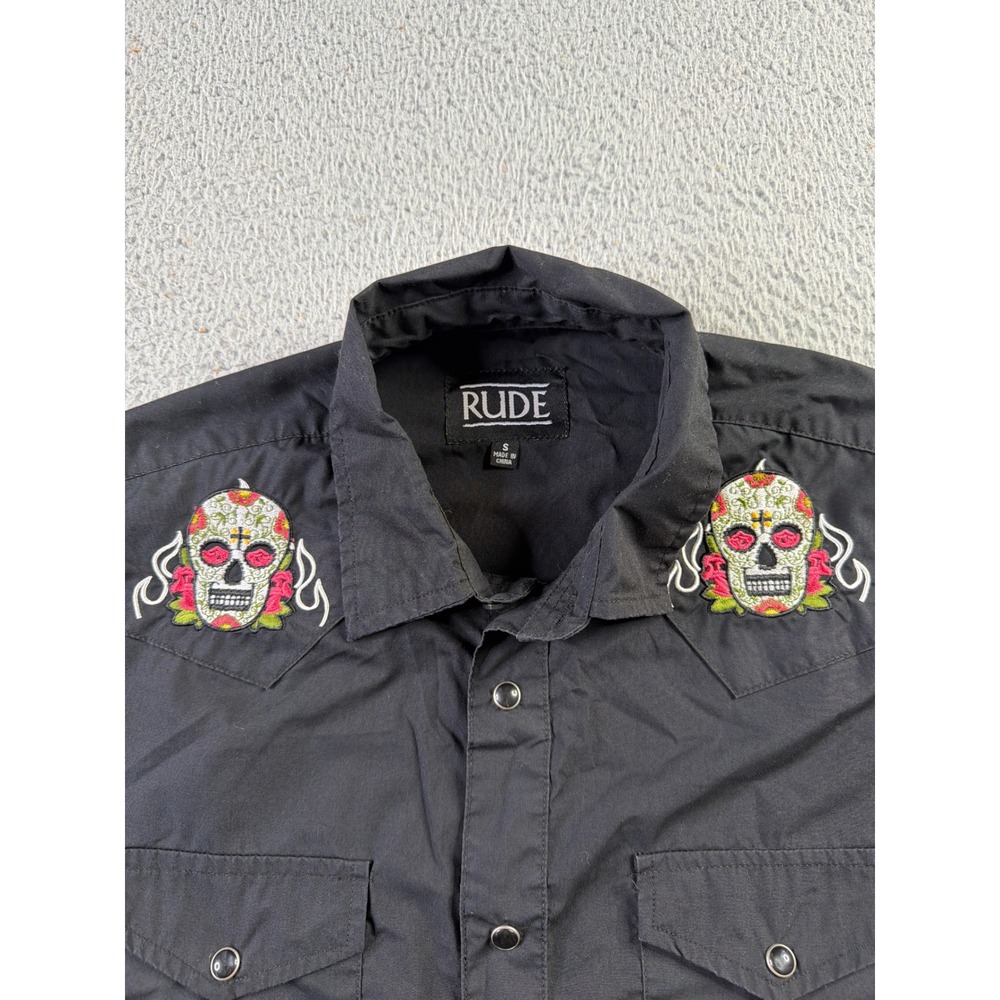 RUDE Sugar Skulls Pearl Snap Western Shirt Mens S Black Embroidered Rockabilly
